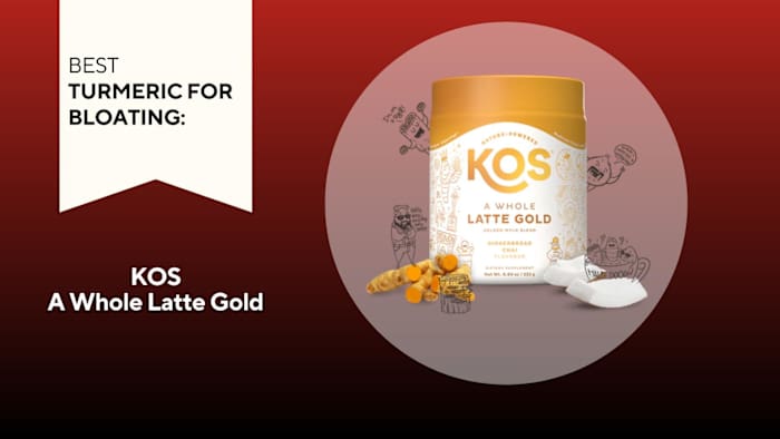 A white container with gold writing on a red background of KOS A Whole Latte Gold, our pick for the best turmeric for bloating